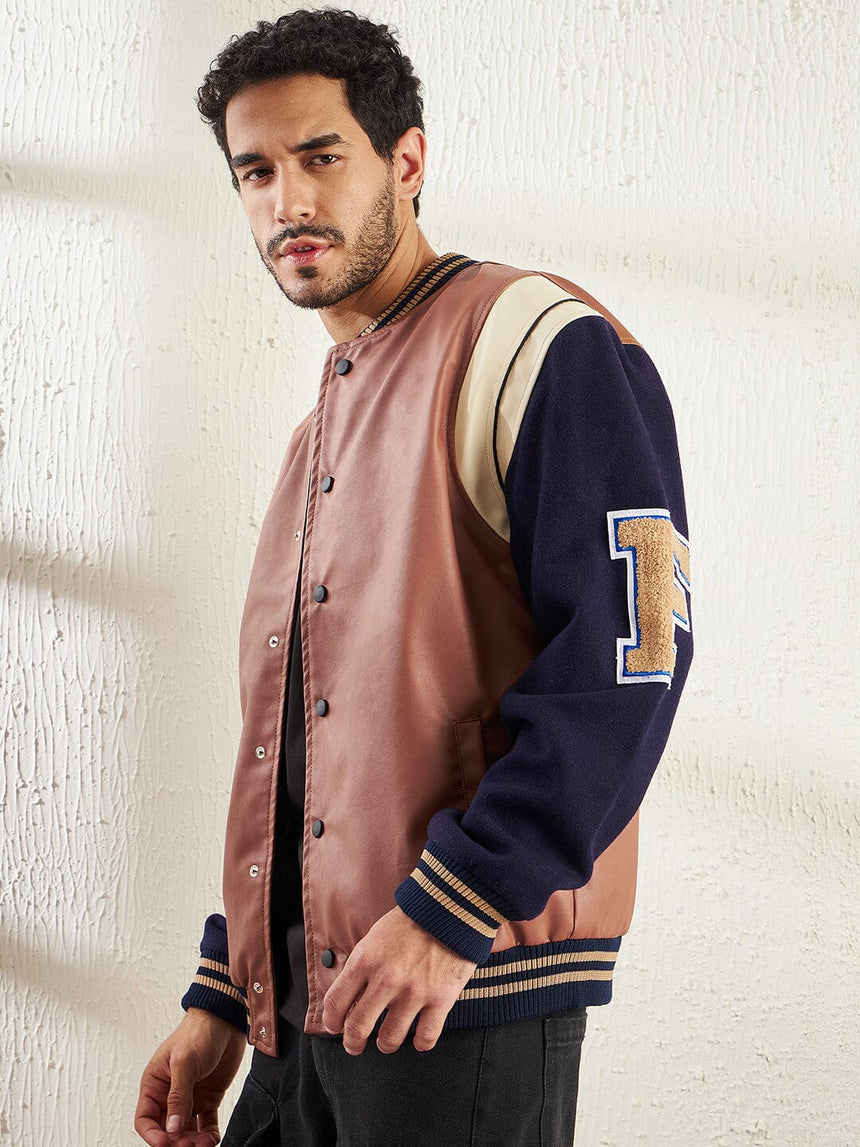 Tan Faux Leather Varsity Jacket Jackets Fugazee 