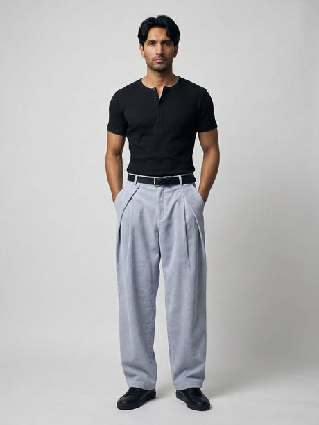 Whispy Blue Pleated Corduroy Trousers Trousers Fugazee 
