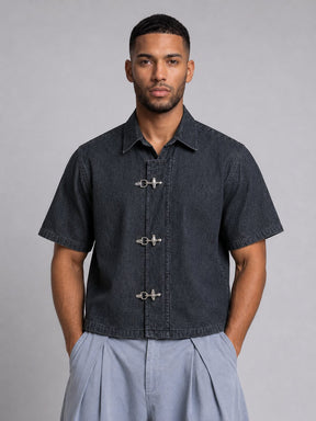 Black Fireman Clasp Boxy Denim Shirt Shirts Fugazee 