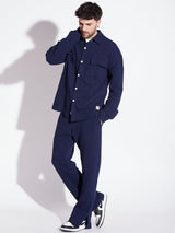 Navy Pleated OverShirt And Pants Combo Set