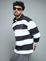 Black & White Striped Raw Edge Rugby Sweatshirt Sweatshirts Fugazee 