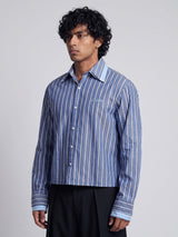 Cobalt Blue Striped Double Collared Cropped Shirt Shirts Fugazee 