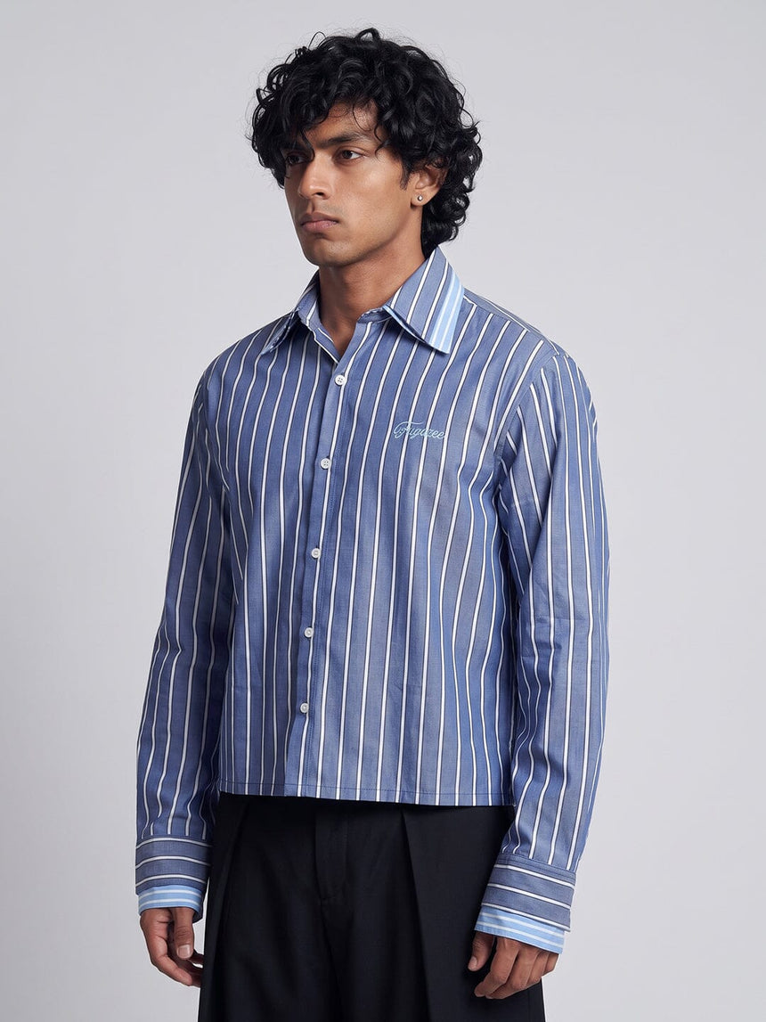 Cobalt Blue Striped Double Collared Cropped Shirt Shirts Fugazee 