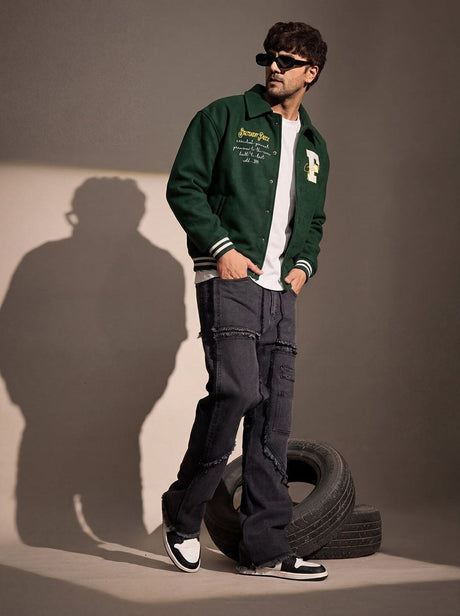 Green Statement Woollen Sleeves Varsity Jacket Jackets Fugazee 