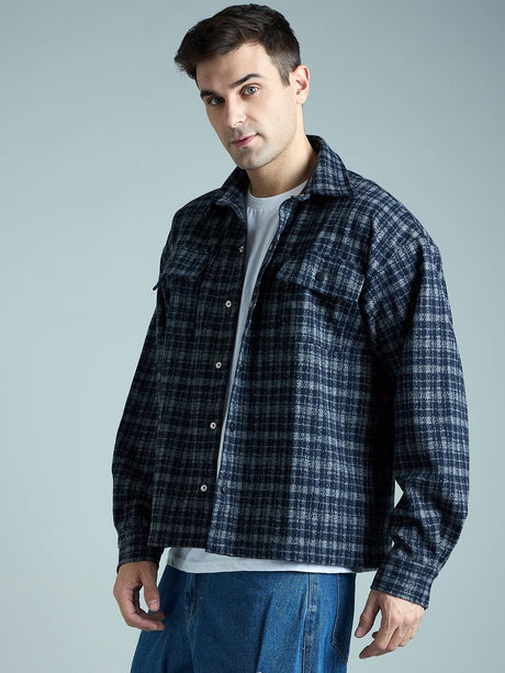 Charcoal & Navy Checkered Tweed OverShirt Shackets Fugazee 