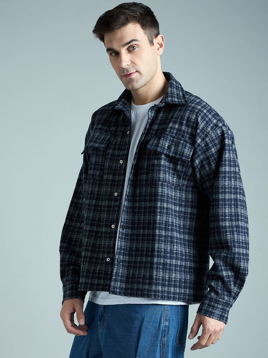 Charcoal & Navy Checkered Tweed OverShirt Shackets Fugazee 