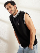 Black Sleeveless Sweater With Contrast Crochet