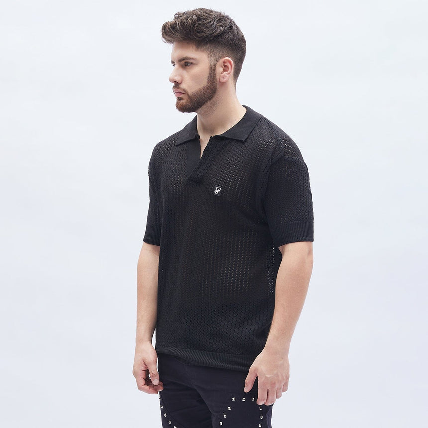 Black Textured Knit Polo Tshirt