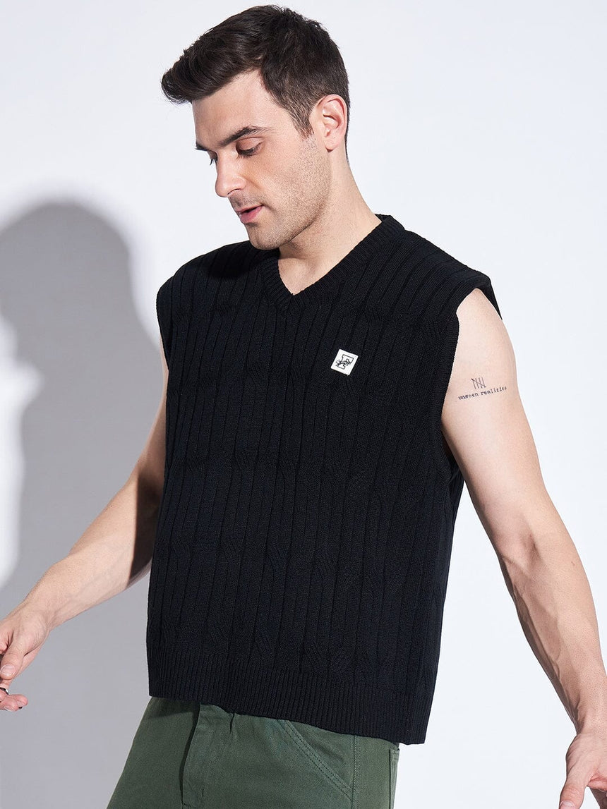 Black Knitted Sleeveless V Neck Sweater Sweaters Fugazee 