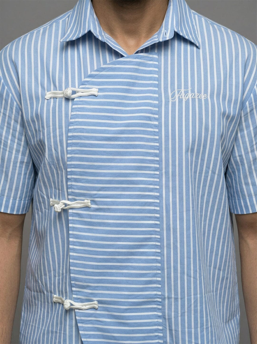 Marine Blue Striped Chinese Frog Buttoned Cropped Shirt Shirts Fugazee 