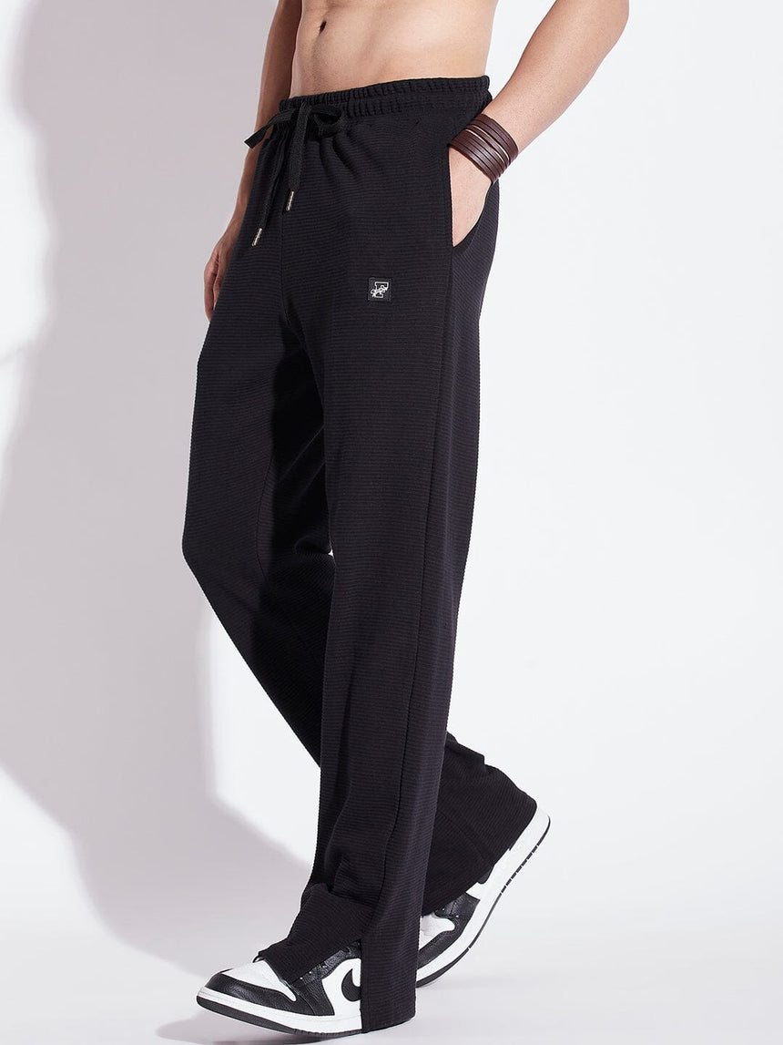 Black Textured Relaxed Fit Boot-Cut Pant Trackpants Fugazee 
