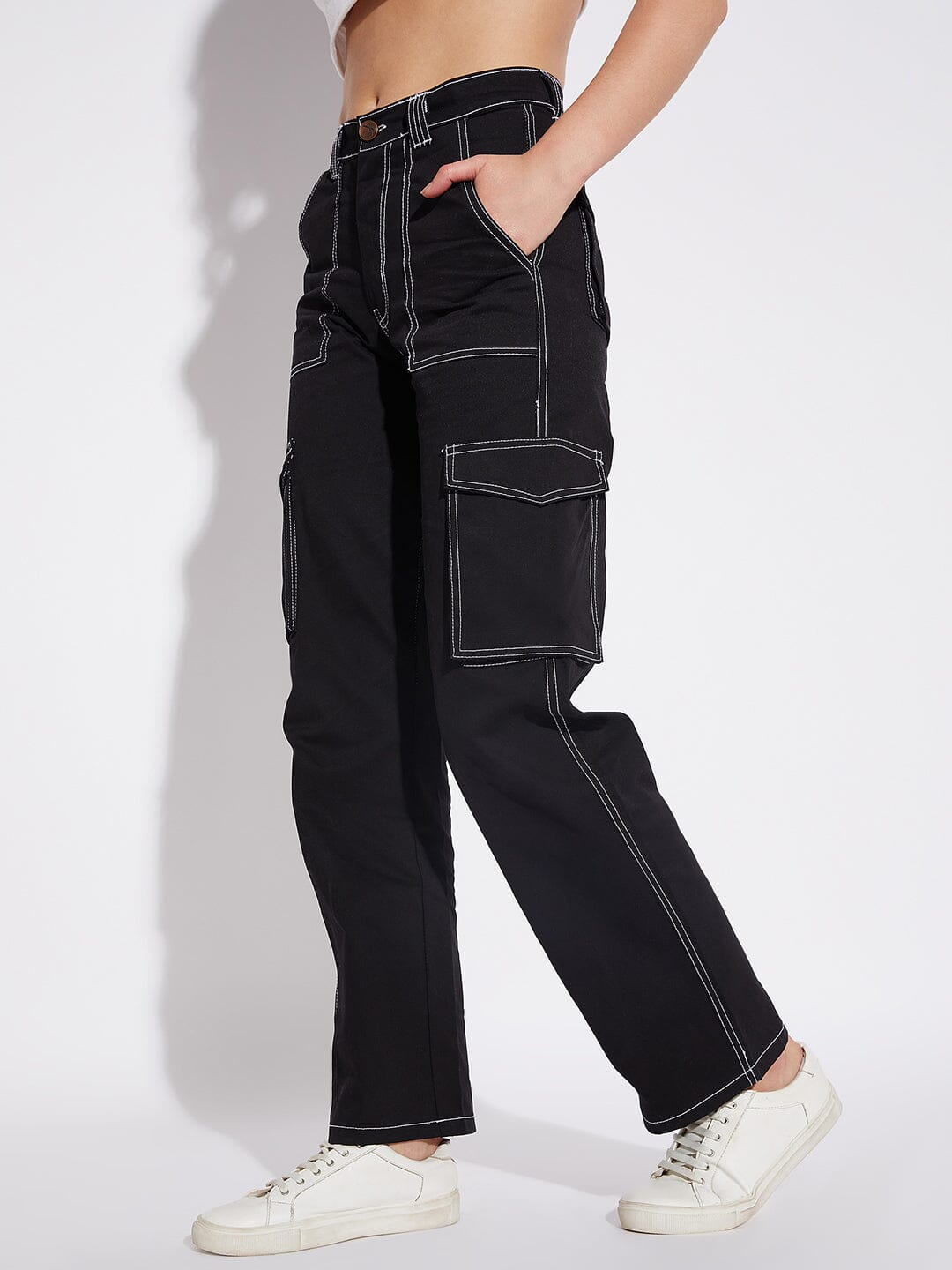 ASOS DESIGN seam detail cargo trouser in black with contrast stitch  ASOS