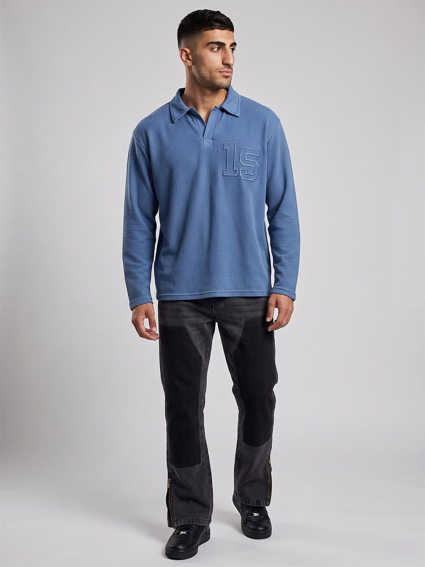 Blue Washed Textured Applique Longsleeve Polo Tshirt T-Shirts Fugazee 