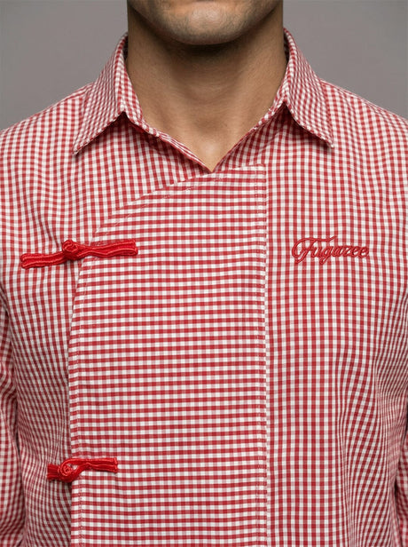 Red Checkered Chinese Frog Buttoned Cropped Shirt Shirts Fugazee 