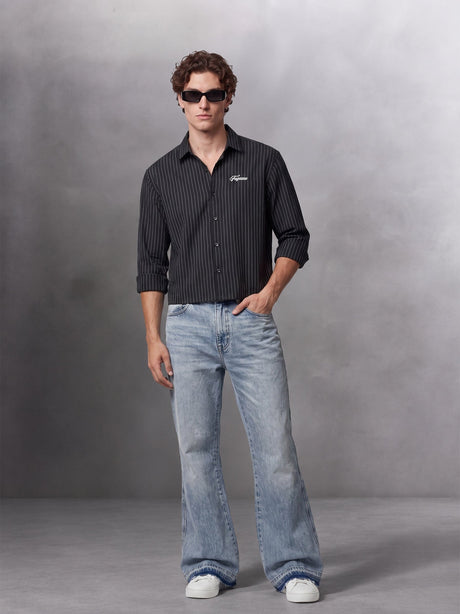 Black Striped Cropped Full Sleeves Shirt Shirts Fugazee 