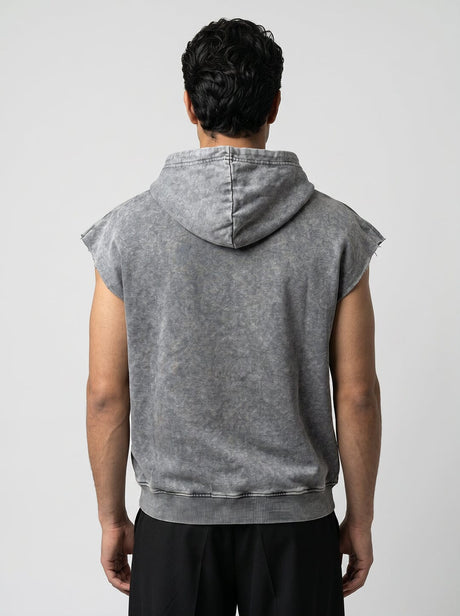 Acid Wash Embroidery Zipped Sleeveless Hooded Tshirt T-Shirts Fugazee 