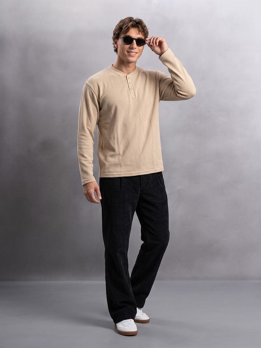 Beige Waffle Relaxed Henley Tshirt T-Shirts Fugazee 