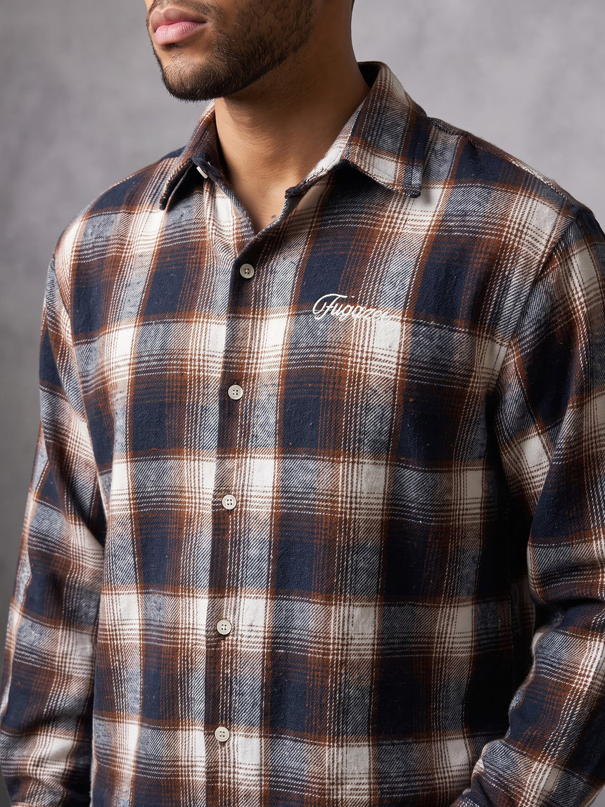 Brown & Navy Checkered Flannel Cropped Shirt Shirts Fugazee 