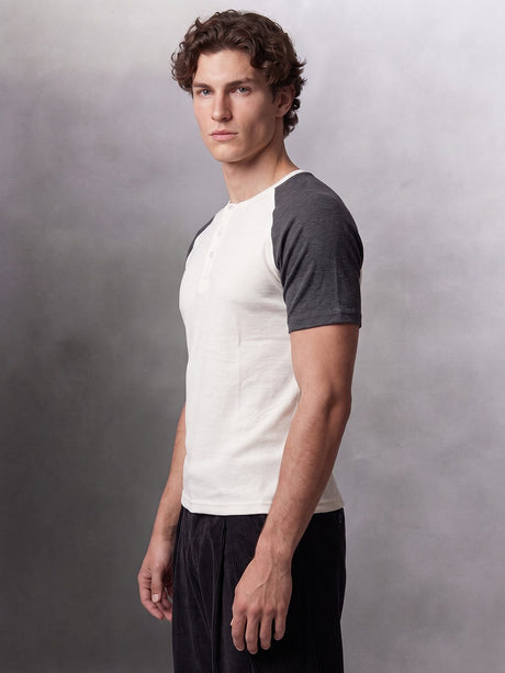 Ecru and Charcoal Raglan Ribbed Henley Tshirt T-Shirts Fugazee 