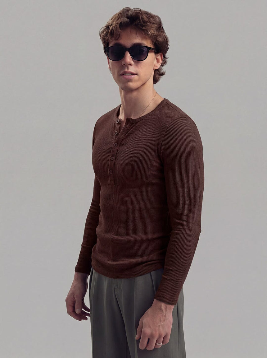 Coffee Ribbed Henley Longsleeves Tshirt T-Shirts Fugazee 