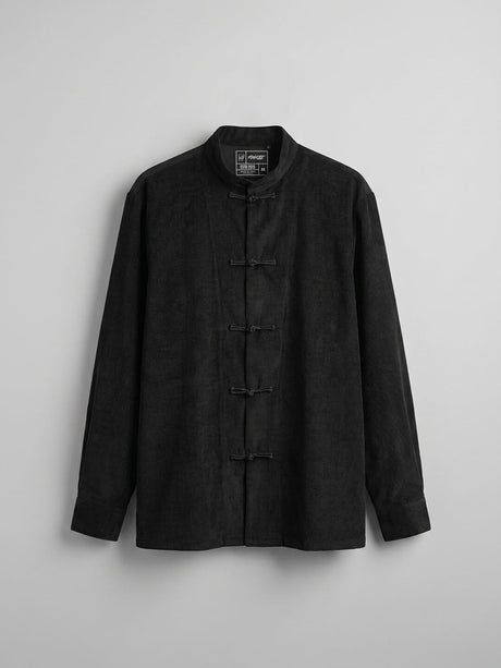 Black Mandarin Frog Buttoned Longline Shirt Shirts Fugazee 