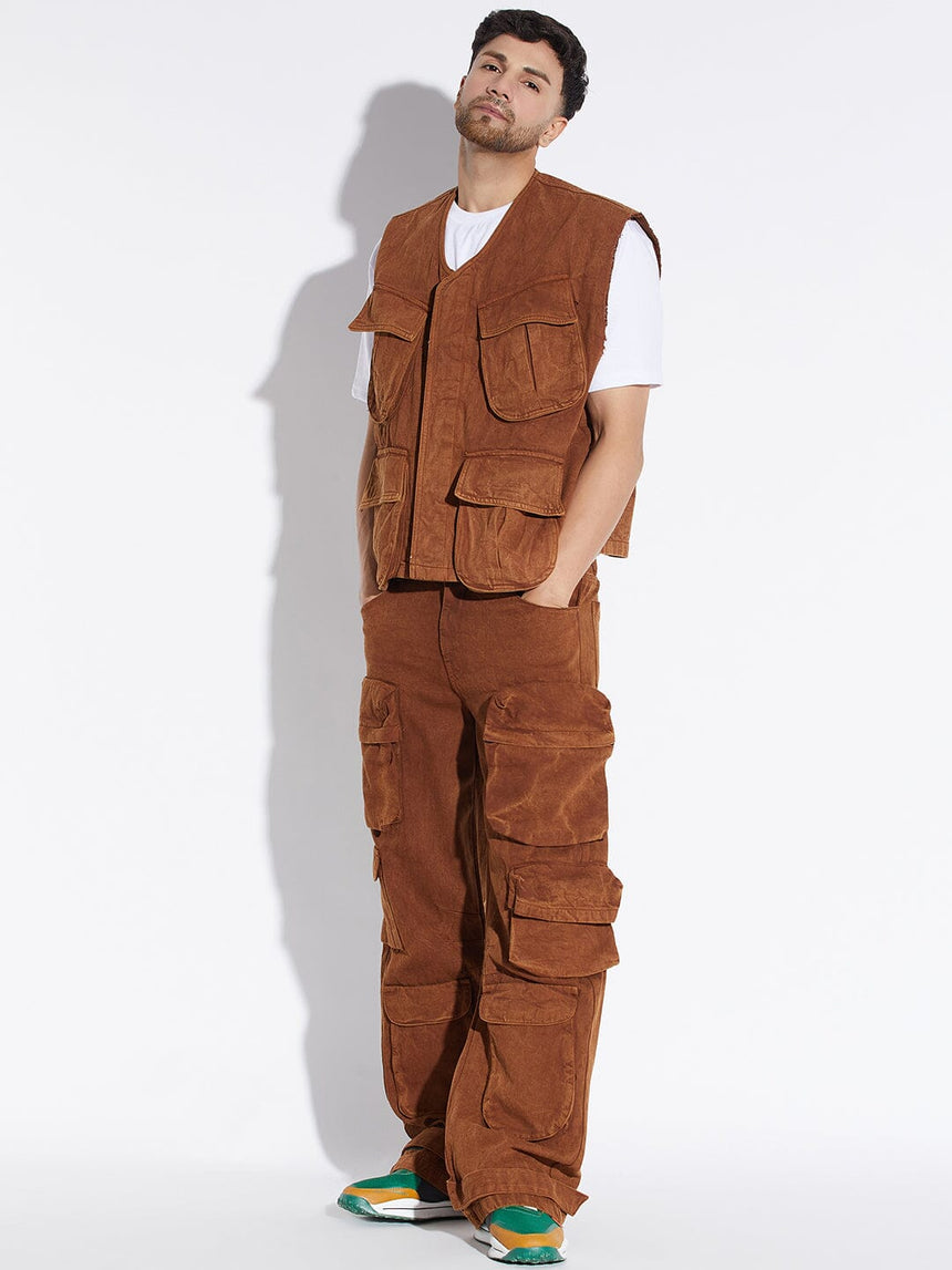 Brown Washed Denim Jacket and Pants Clothing Set Clothing Set Fugazee 