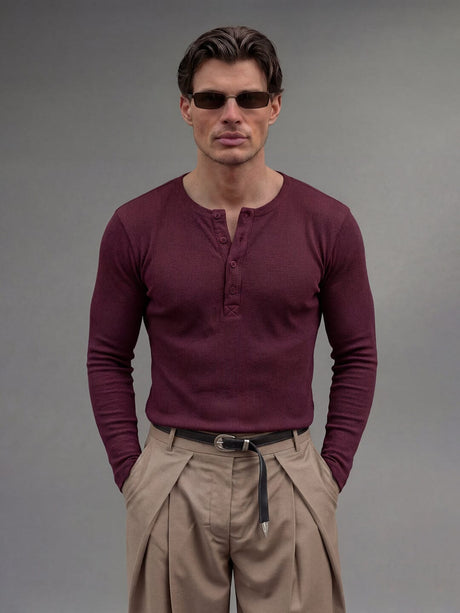 Maroon Ribbed Henley Longsleeves Tshirt T-Shirts Fugazee 