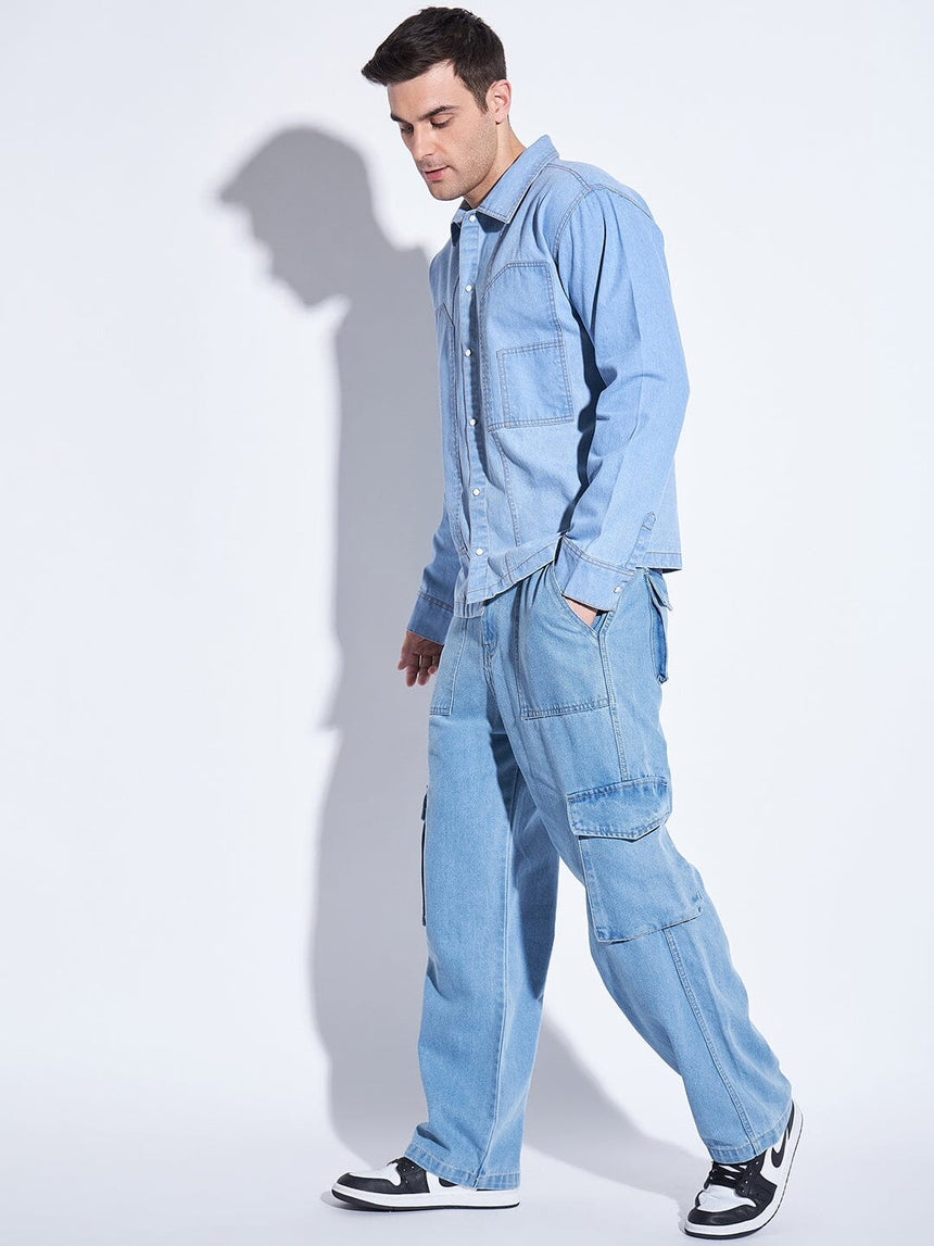 Ice Washed Denim Carpenter Shirt and Jeans Combo Clothing Set Clothing Set Fugazee 