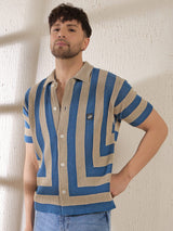 Beige & Blue Striped Crochet Knitted Shirt Shirts Fugazee 