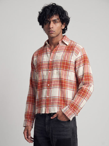 Rust Crushed Checkered Raw Edge Cropped Shirt Shirts Fugazee 