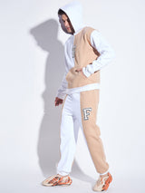 White & Biege Cut Sew Matching Tracksuit