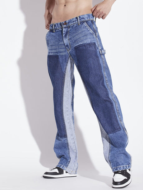 Mid Blue Contrast Panel Flared Denim Jeans Fugazee 