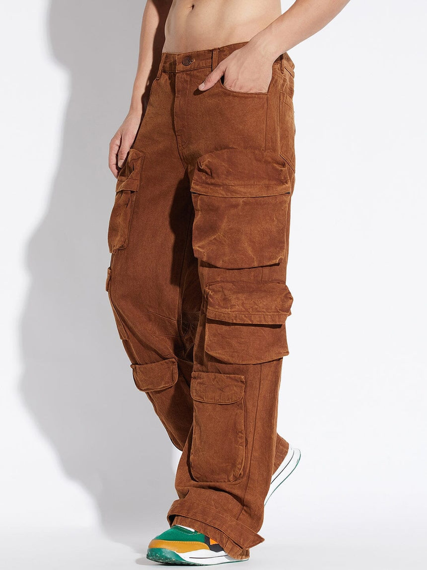 Brown Super Baggy Cargo Denim Jeans Fugazee 