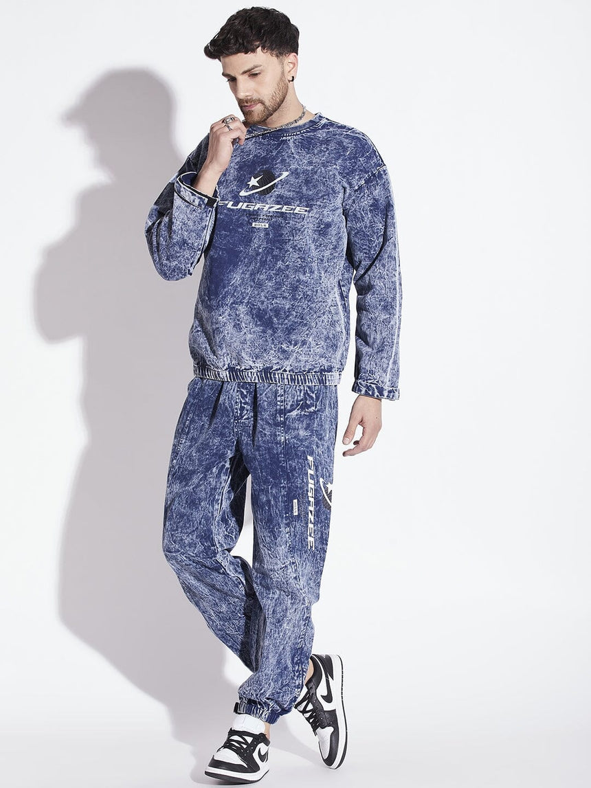 Blue Acid Washed Sweatshirt & Jogger Combo Tracksuit Tracksuits Fugazee 