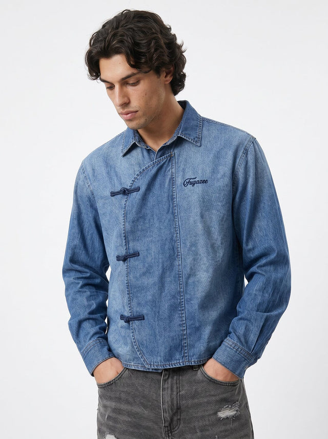 Denim Chinese Frog Buttoned Cropped Denim Shirt Shirts Fugazee 