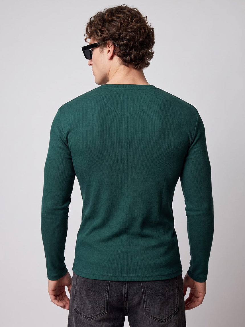 Bottle Green Notch Neck Ribbed Longsleeve Tshirt T-Shirts Fugazee 