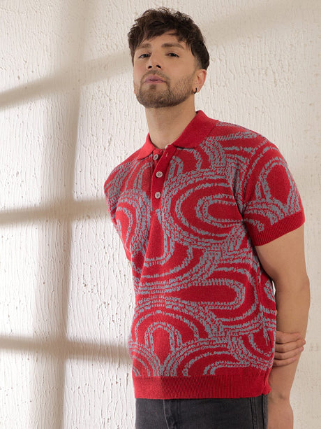 Red Abstract Knitted Polo Tshirt T-shirts Fugazee 