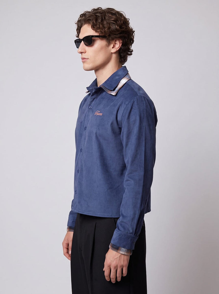 Nautical Blue Corduroy Double Collared Cropped Shirt Shirts Fugazee 