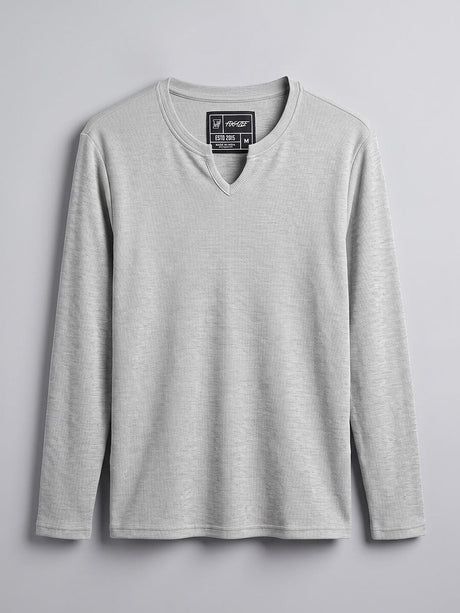 Grey Melange Notch Neck Ribbed Longsleeve Tshirt T-Shirts Fugazee 