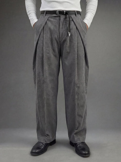 Ash Grey Corduroy Pleated Trousers Trousers Fugazee 
