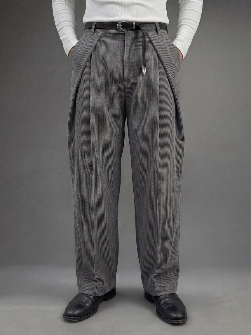 Ash Grey Corduroy Pleated Trousers Trousers Fugazee 