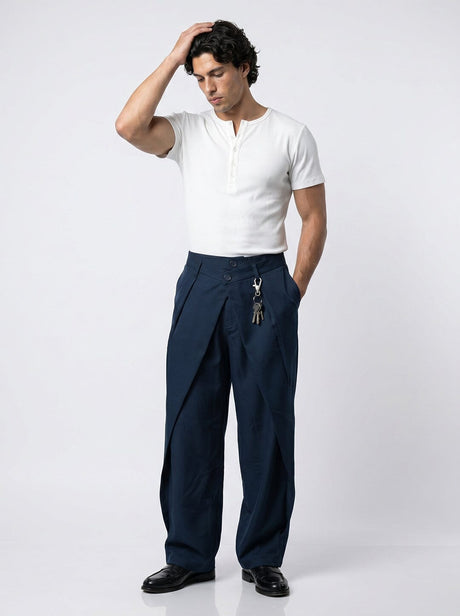 Navy Double Waisted Pleated Trousers Trousers Fugazee 