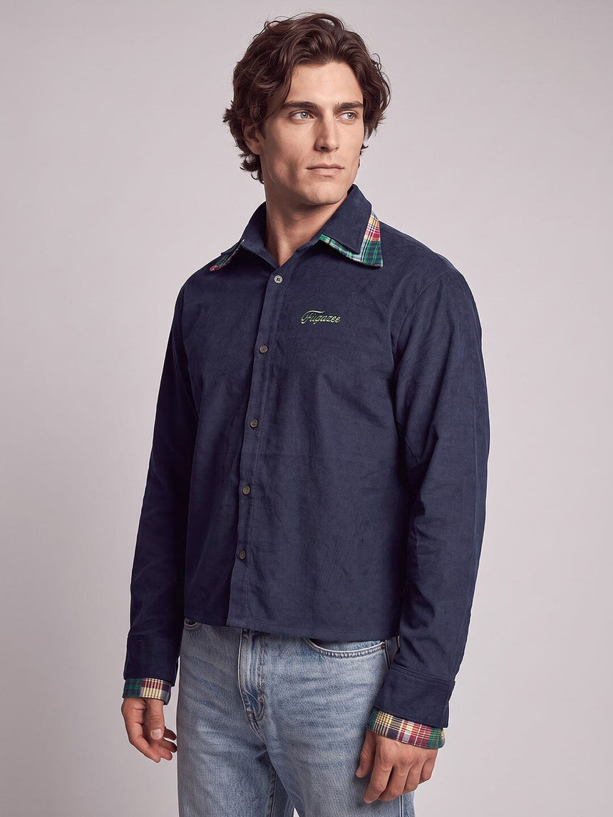 Navy Corduroy Double Collared Cropped Shirt Shirts Fugazee 