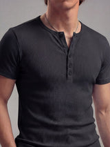 Black Ribbed Henley Short Sleeves Tshirt T-Shirts Fugazee 