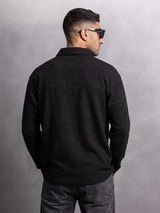 Black Textured Applique Longsleeves Polo Tshirt T-Shirts Fugazee 