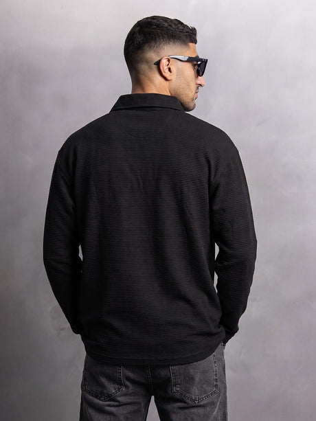 Black Textured Applique Longsleeves Polo Tshirt T-Shirts Fugazee 