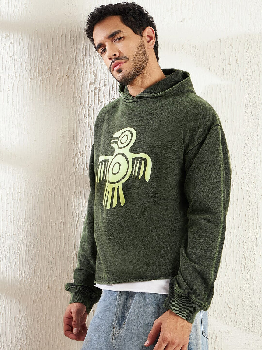 Olive Dyed Bird Graphic Cropped Hoodie