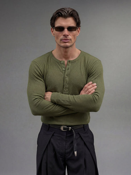 Olive Ribbed Henley Longsleeves Tshirt T-Shirts Fugazee 
