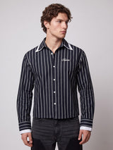Navy Blue Striped Double Collared Cropped Shirt Shirts Fugazee 