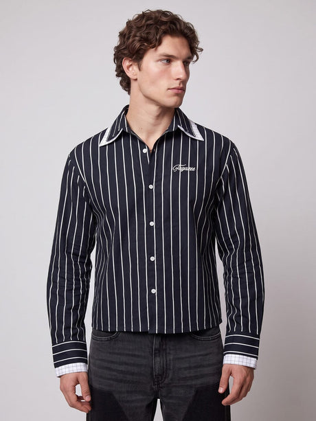 Navy Blue Striped Double Collared Cropped Shirt Shirts Fugazee 